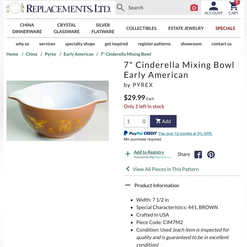 Cinderella Mixing Bowl Early American by PYREX # 473 7 1 Quart Vintage